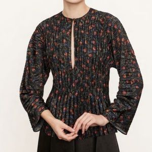 VINCE Pomegranate Floral Print Pleated V-Neck Slit Long Sleeve Black Blouse M